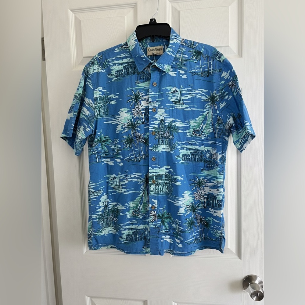 Men's Blue Hawaiian Tropical Palm Tree and Sailboat Print Shirt